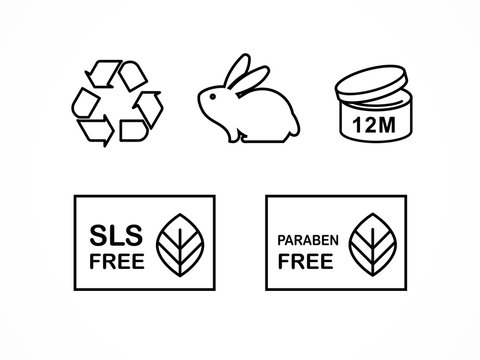 Set of natural cosmetics design packaging elements, icons, paraben free, organic bio product, not tested on animals