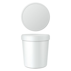 White Food Plastic Tub Bucket Container For Dessert, Yogurt, Ice Cream, Sour Cream Or Snack. Illustration Isolated On White Background. Mock Up Template Ready For Your Design. Product Packing 