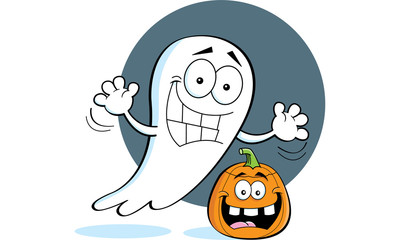 Cartoon illustration of a ghost with a pumpkin.