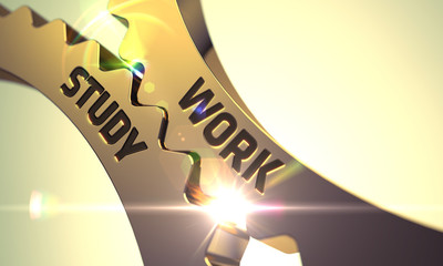 Work Study on the Mechanism of Golden Metallic Gears with Lens Flare. Work Study - Illustration with Glowing Light Effect. Work Study - Technical Design. 3D. - obrazy, fototapety, plakaty