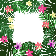 Fototapeta na wymiar Tropical leaves and flowers background with copy space in the centre.