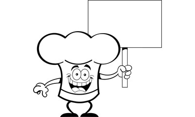 Black and white illustration of a chef's hat holding a sign.