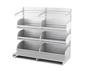 Wooden rack for bakery products isolated on white background. Shelves for bread. Shelf for baking. 3d rendering