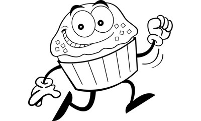 Black and white illustration of a running cupcake.