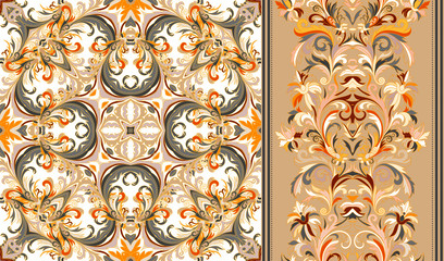 Set of seamless floral pattern and border for design.