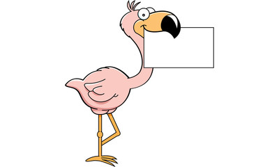 Cartoon illustration of a flamingo holding a sign.