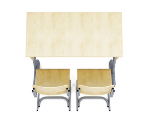 Top view of a school desk and chairs isolated on white background. 3d rendering.