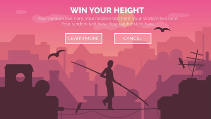 Modern urban sinrise scene with architecture and building silouettes in aerial view with a man funambulist walking on a wire between two buildings.