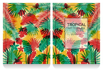 Tropical offset print effect jungle illustration with overlayed plants and flowers making anaglyph effect. Replace text to customize template.