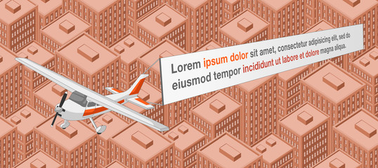 Airplane pulling a banner over big isometric city with tall buildings. Skyscrapers.