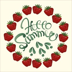 Typography banner Hello Summer. Strawberries chaplet on light background. Painting, lettering, vector