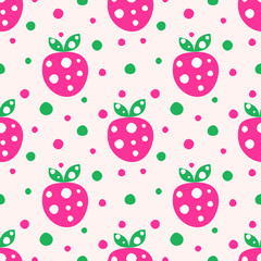 Seamless vector pattern with pink decorative ornamental cute strawberries and dots on the white background. Repeating tiled ornament. Series of Fruits and Vegetables Seamless Patterns.