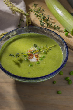 Bowl of Spring Pea Soup with Ingredients