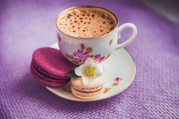 French macarons with white flowers