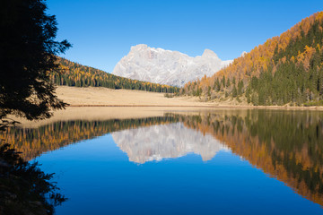 Reflections on water, autumn panorama from mountain lake