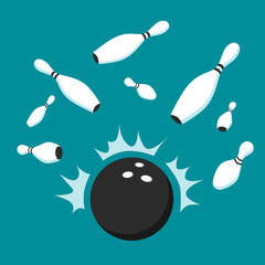 Bowling ball in motion. Scatter pins. Vector cartoon illustration