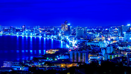The building and skyscrapers in twilight time in Pattaya,Thailand. 