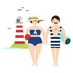 Retro couple in swimming suit by the sea, isolated vector illustration