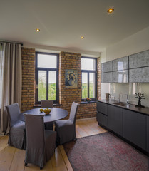 Contemporary interior studio, kitchen, lounge. Modern interior in private house.