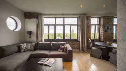 Contemporary interior studio, kitchen, lounge. Modern interior in private house.