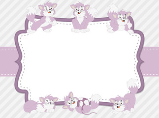 Pink card with a cartoon blue kitten. Cute playful cat.
