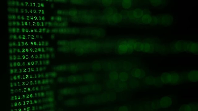 List of IP addresses on screen. Shallow DOF seamless loop animation 4k (4096x2304)
