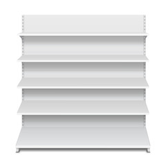White Blank Empty Showcase Displays With Retail Shelves Front View 3D Products On White Background Isolated. Ready For Your Design. Product Packing. Vector EPS10