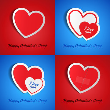 Double Red Heart Paper Sticker, Postcard, Greeting Card, Banner, With Shadow On Blue And Red Background Valentine's Day. Vector Illustration Postcard EPS10