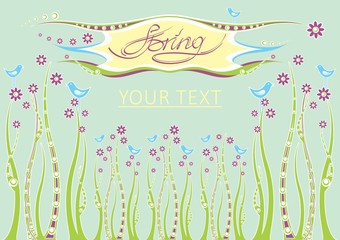 Cute spring background with birds and plants