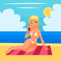 girl at the beach with a cocktail, vector illustration cartoon catfish, girl lying on a sunny beach with alcoholic cocktails, girl on vacation lying on the sea sand with cocktails