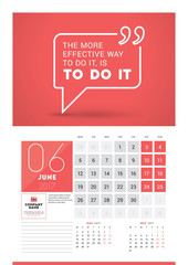 Wall calendar planner print template for 2017 year. June 2017. Calendar poster with motivational quote. 3 Months on page. Week starts Monday