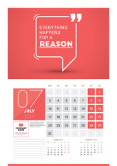 Wall calendar planner print template for 2017 year. July 2017. Calendar poster with motivational quote. 3 Months on page. Week starts Monday