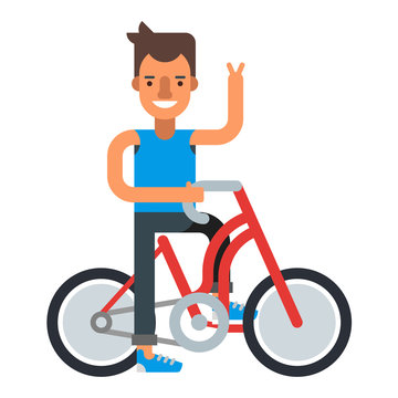 Smiling man with bycicle. Flat vector illustration isolated on white background.