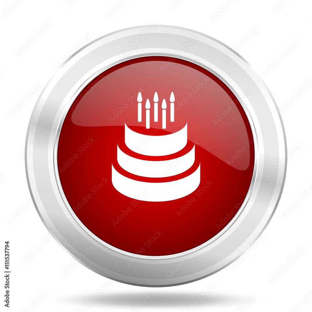 Poster cake icon, red round glossy metallic button, web and mobile app design illustration