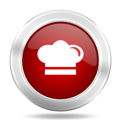 cook icon, red round glossy metallic button, web and mobile app design illustration