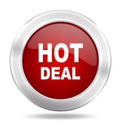 hot deal icon, red round glossy metallic button, web and mobile app design illustration