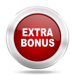 extra bonus icon, red round glossy metallic button, web and mobile app design illustration