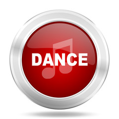 dance music icon, red round glossy metallic button, web and mobile app design illustration