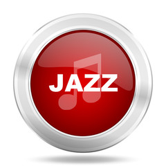 jazz music icon, red round glossy metallic button, web and mobile app design illustration