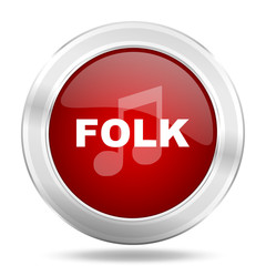 folk music icon, red round glossy metallic button, web and mobile app design illustration