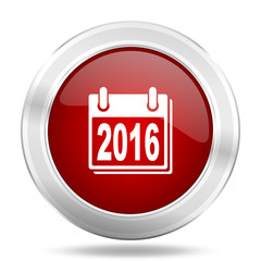 new year 2016 icon, red round glossy metallic button, web and mobile app design illustration