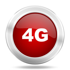 4g icon, red round glossy metallic button, web and mobile app design illustration