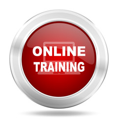 online training icon, red round glossy metallic button, web and mobile app design illustration