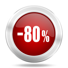 80 percent sale retail icon, red round glossy metallic button, web and mobile app design illustration