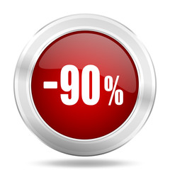 90 percent sale retail icon, red round glossy metallic button, web and mobile app design illustration