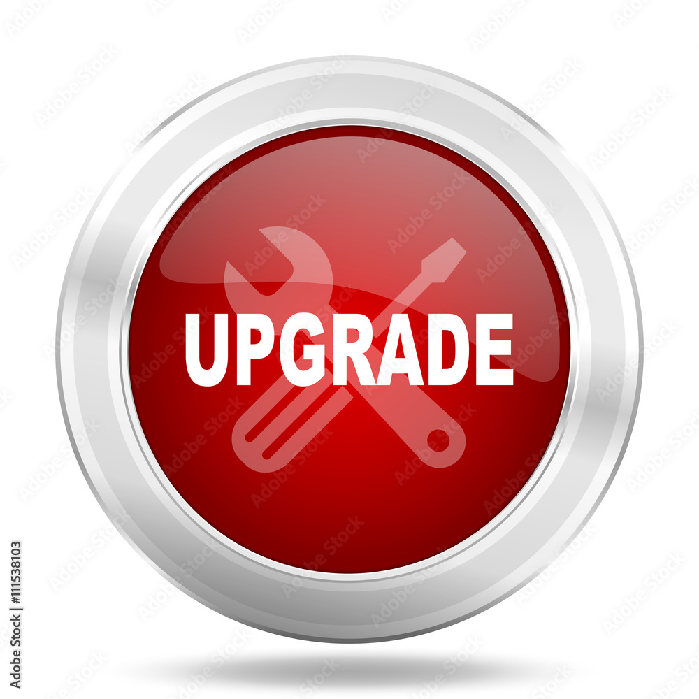 Aufkleber upgrade icon, red round glossy metallic button, web and mobile app design illustration