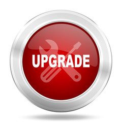 upgrade icon, red round glossy metallic button, web and mobile app design illustration