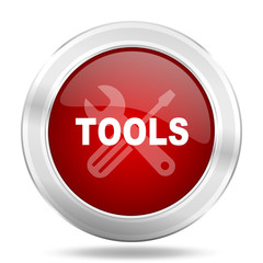 tools icon, red round glossy metallic button, web and mobile app design illustration