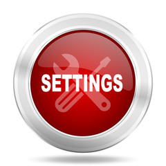 settings icon, red round glossy metallic button, web and mobile app design illustration