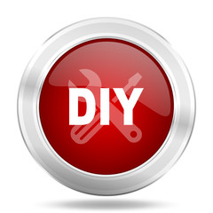 diy icon, red round glossy metallic button, web and mobile app design illustration